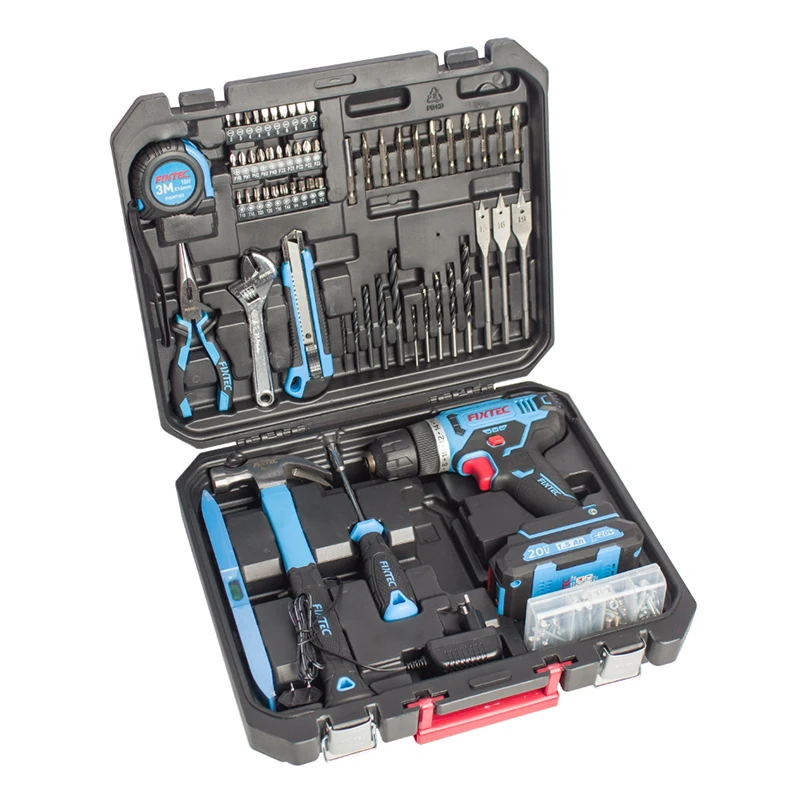 FIXTEC Power Tools Set 20V Rechargeable Electric Cordless Drill Machine with 221pcs Accessories Kit