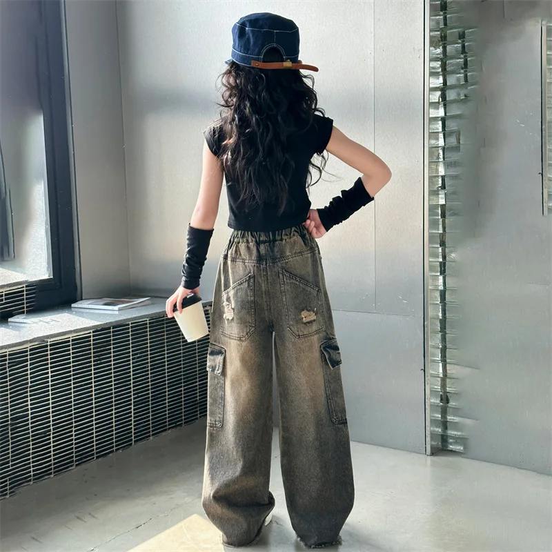 2024 New Fashion Children Girl Spring Brown Pocket Distressed Cargo Jeans 5-15 Years