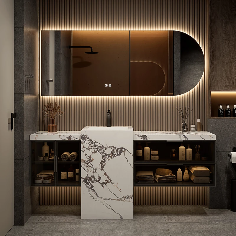 Bulgari Modern Rock Plate Seamless All-in-One Basin Bathroom Cabinet Customized Lacquer Finish Floor Column Washbasin