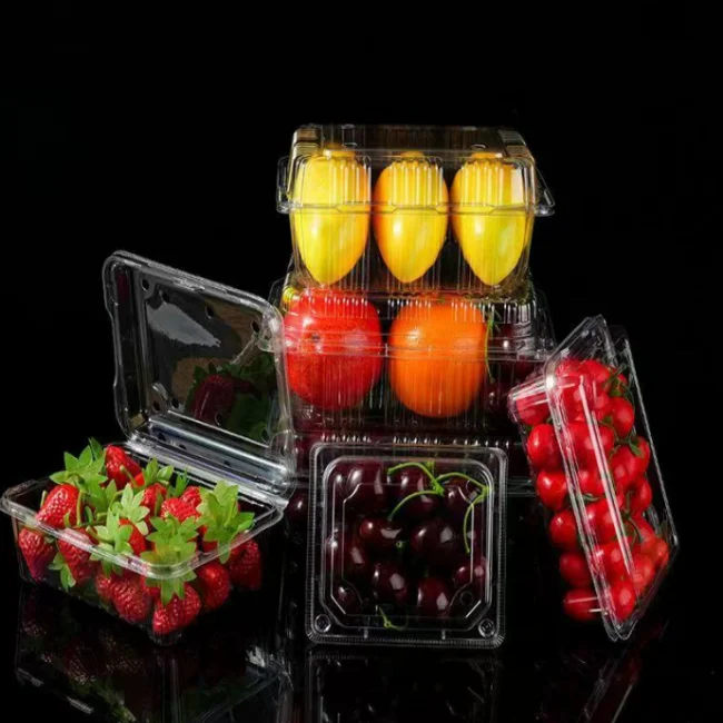 Custom clear transparent food container PET plastic clamshell vegetable fruit packaging box for grape lychee cherry