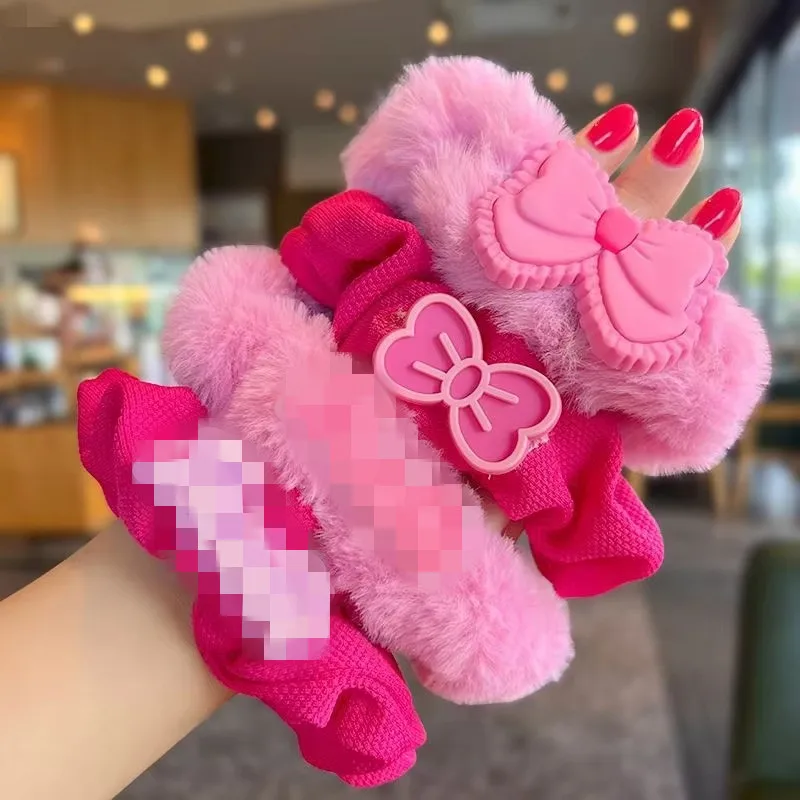 Wholesale Top Quality Big Size Pink Bow Plush Hair Scrunchies for Women Girls Korean Style
