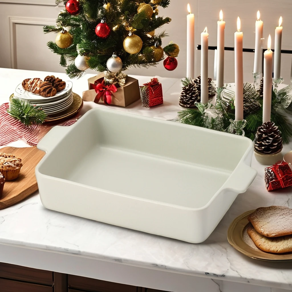 Wholesale Customized Rectangular Ceramic Kitchen Bakeware Tray Designer Cake Baking Dish for Home Use Christmas Christmas Theme