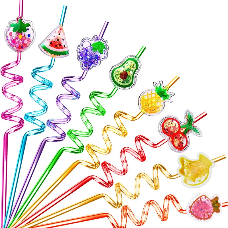 Party Decoration Bar Accessories New Unique Cocktail Reusable Spiral Straw Glitter Food Fruit Topper Plastic Drinking Straw