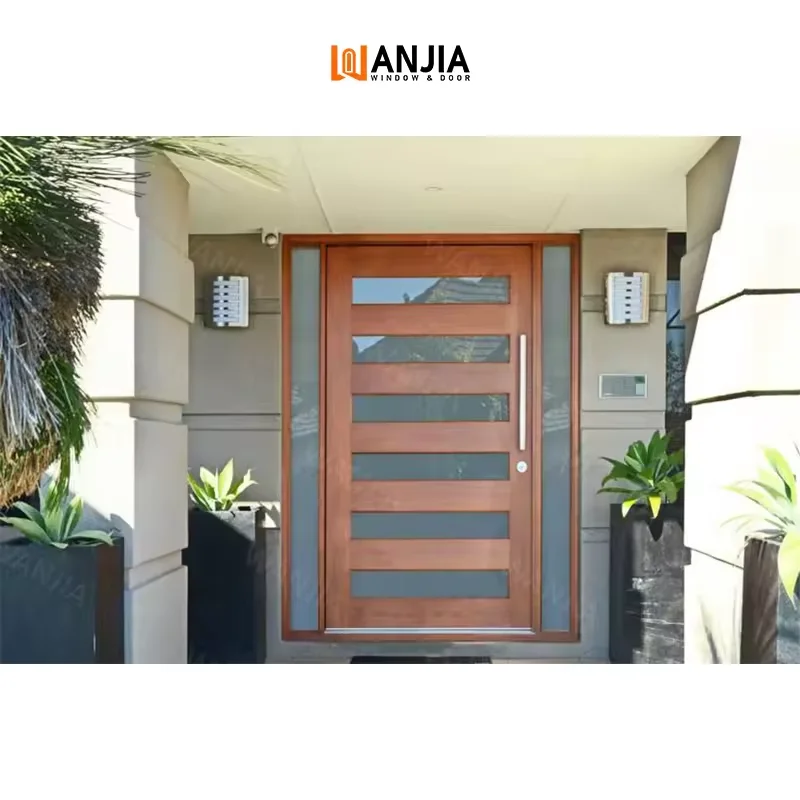 American solid wood exterior door exterior wooden pivot door house modern security front entrance door with smart lock