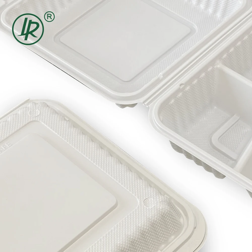 LR 7*7 Inch 3 Compartments BPA Free Disposable Clamshell Togo Lunch Box Plastic Large Hinged Lid Take Away Food Container