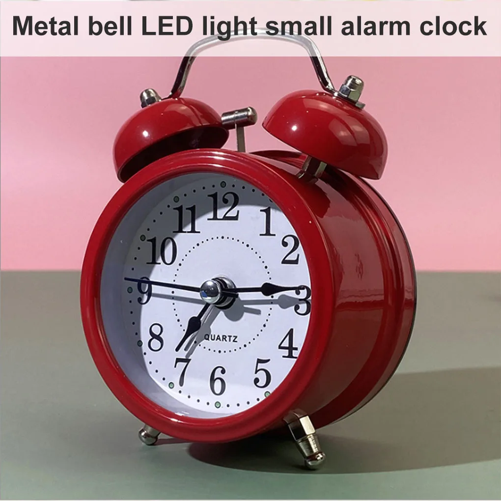 Alarm Clock Retro Twin Bell Metal Desk Table Analog Clock Silent with Night Light for Home Office Mini Travel Alarm Clock