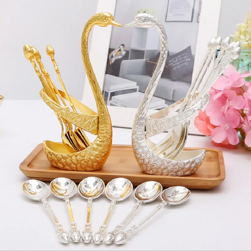 6pc in a set Coffee spoon fruit spoon fork set household decoration fashion fruit cute swan dessert spoon tableware