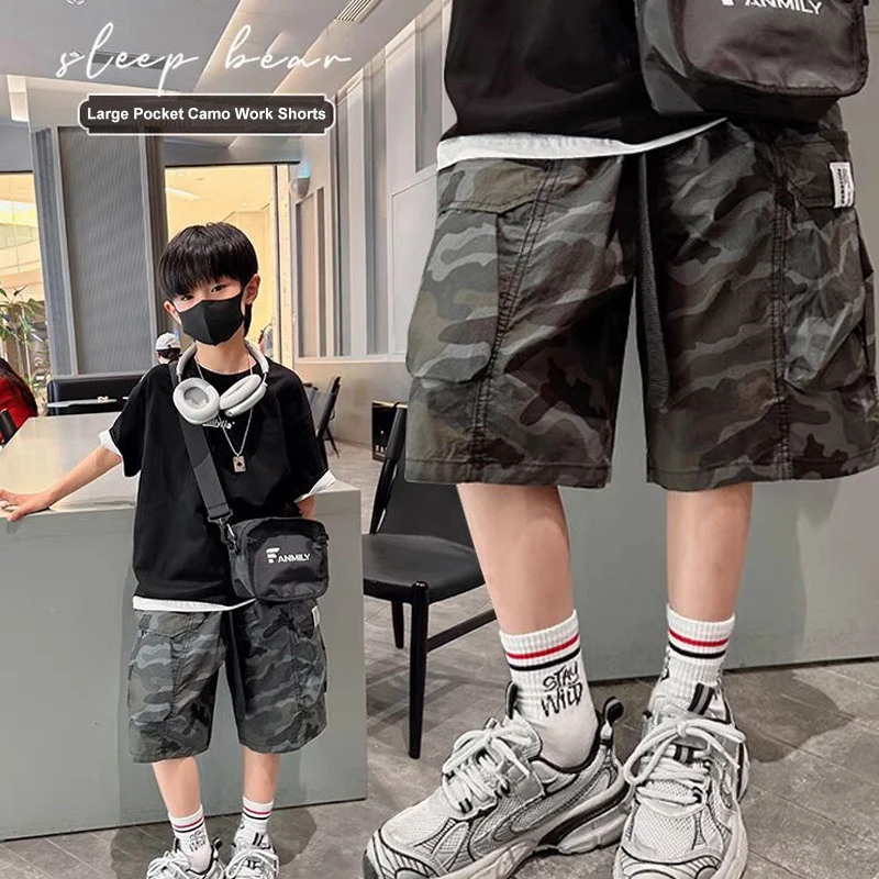 New Cargo Streetwear Shorts Kids Casual Style Multi Pockets Outdoor Shorts Camouflage Drawstring Knitted Shorts For Boy