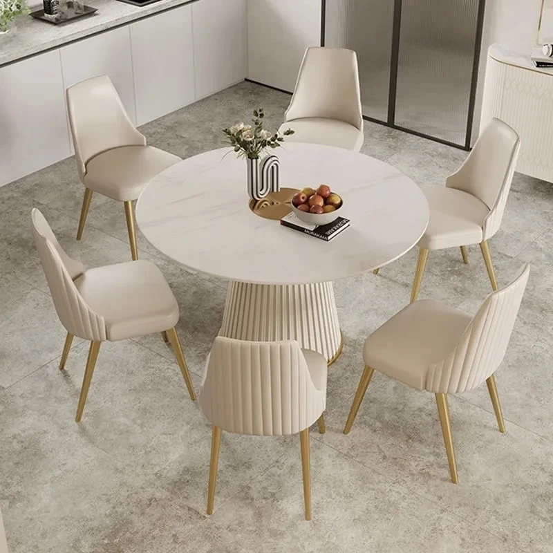 Modern light luxury light dining room furniture rock plate round dining table and chair combination