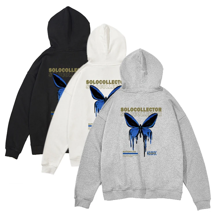 370G 100% cotton long sleeve spring fall butterfly pattern print pullover hooded sweatshirt for men