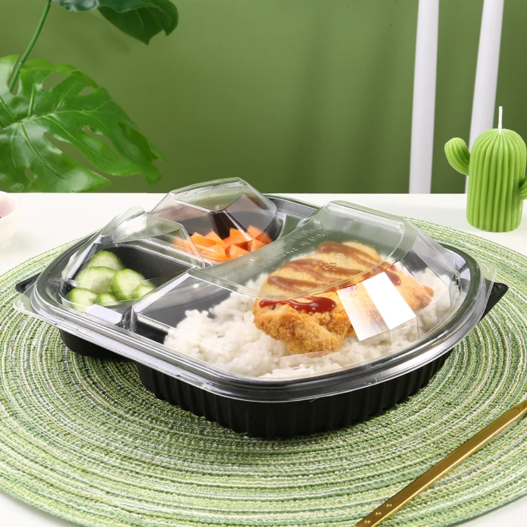 Custom Lunch Box Plastic Microwavable 3 Compartments Black Bento Lunch Box Container Disposable Food Packaging Box