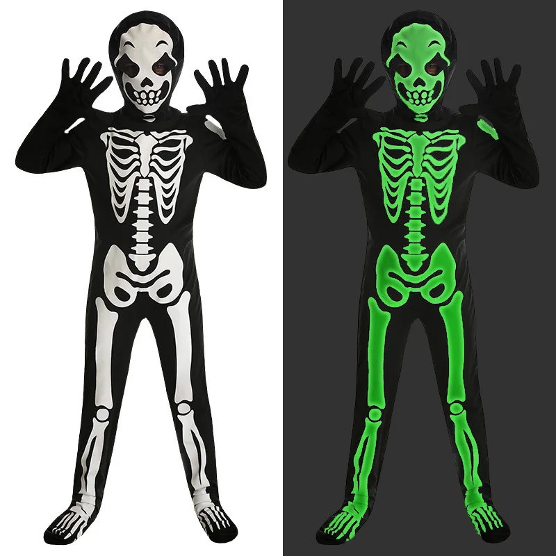 Unisex Halloween Zombie Bone Skeleton Glow-in-the-Dark Kids Fancy Dress Child Cosplay Jumpsuit Boys Girls Luxurious Carnival
