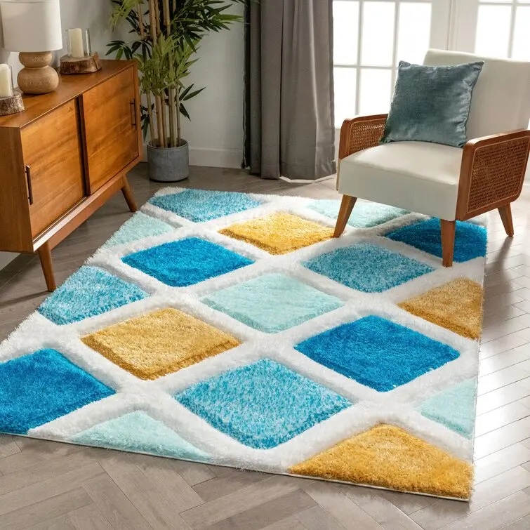 3D Hand-carved Stone RUG MULTI GREY Luxurious 3D Shaggy Yellow & Grey Rug