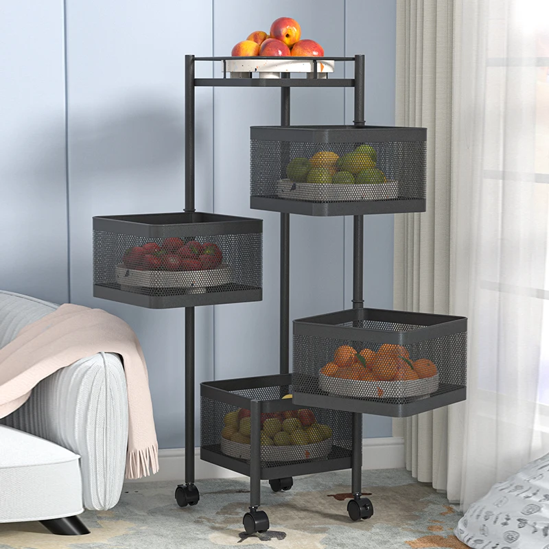 Kitchen storage rotatable shelf 3 4 5 Layer Rotating Practical Trolley Kitchen Square Shelf With Wheel Storage Rack