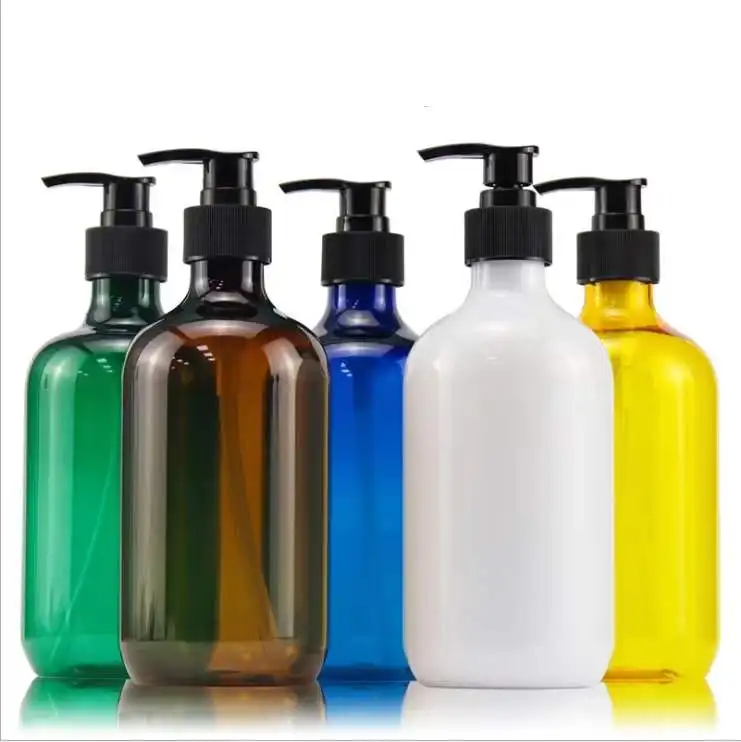 Low minimum order quantity 300ml 500ml round bottle amber green PET Body Lotion Pump Bottle Plastic Shampoo Water bottle