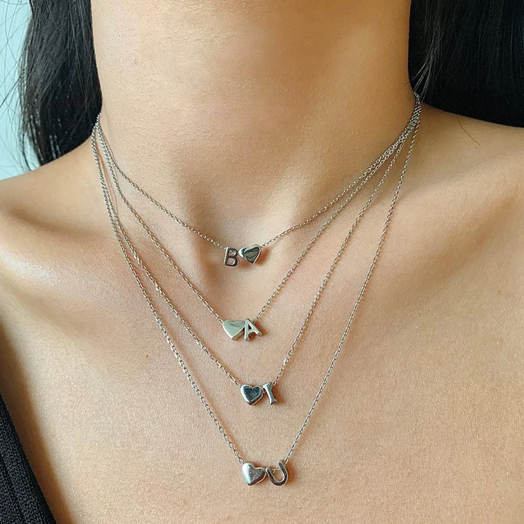 Fashion 925 Sterling Silver 26 Letter A-Z Alphabet Love Heart Necklace