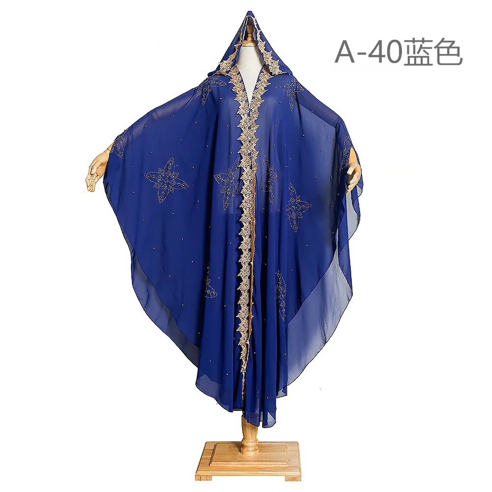 Muslim Style Drilling Beading High Density Chiffon Loose Boubou Cloak Shawl African Custom Kaftan Dress