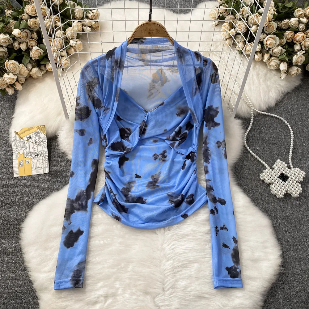 Summer Transparent Tie Dye Women Long Sleeve T-shirts Tops Girls Stretchy Mesh Sheath Tee Shirts Blouse Top