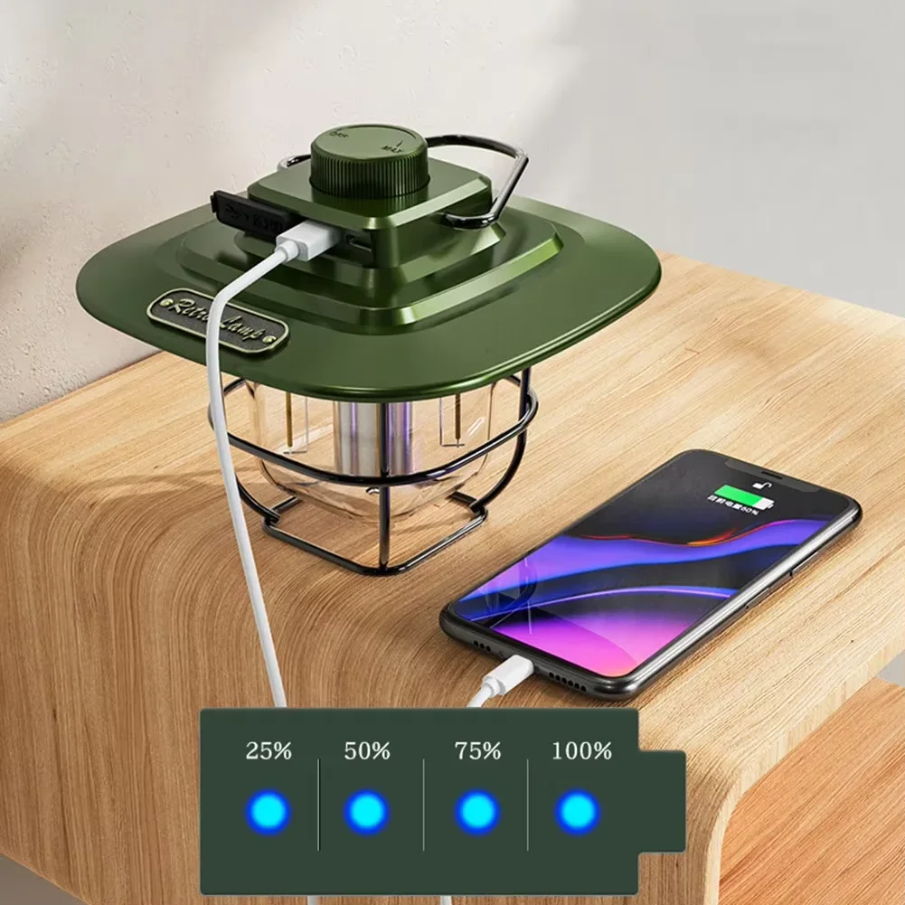 LED Decorative Hanging Lights Retro Waterproof Battery Indicator Hook Dimmable Emergency Camping Tent Light Outdoor Equipment