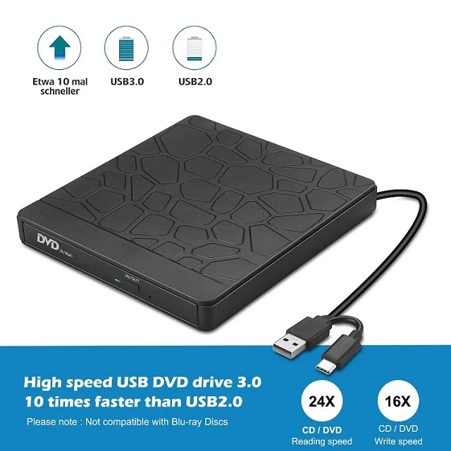 USB 3.0 External DVD Drive Portable CD/Dvd +/-Rw Drive Computer Hub, Can Read and Write 3.0U Disk/2.0U Disk/SD Card/TF Card