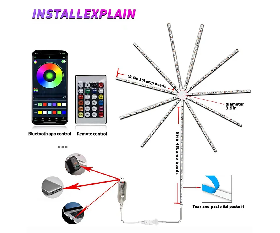 Smart Fireworks Firecrackers  LED Lights with Remote App Control, Color Changing Music Sound Sync Light for holiday lighting