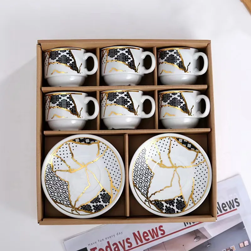 Wholesale 12 Pcs Western Royal Home Decors Ceramic Coffee & Tea Set With Gold Handle