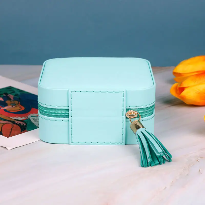 Leather Small Travel Jewelry Ring Earring Necklace Zipper Case Storage Organizer Blue Jewelry Box with Mirror Custom Logo Pink