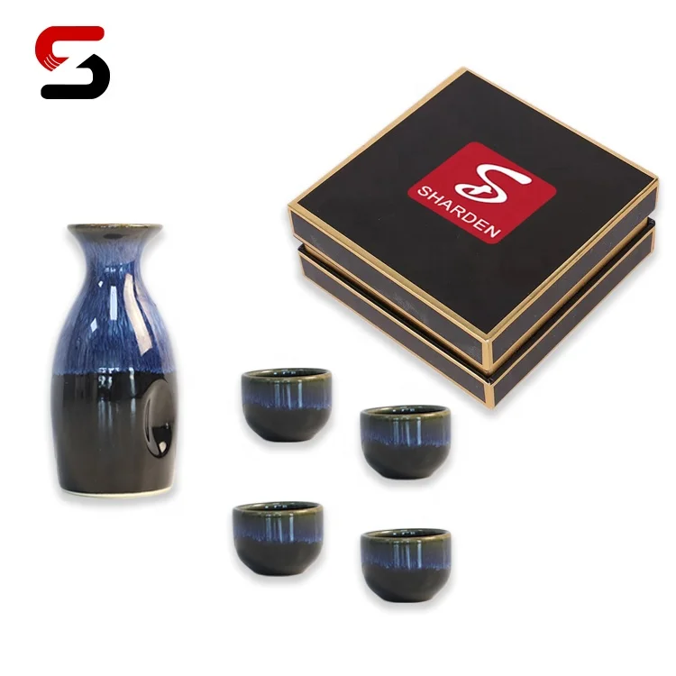 5 piece Ceramic Japanese Styled Sake Set In Blue, 1 Bottle and 4 Cups