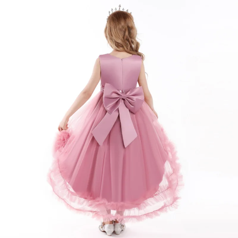 2024  Wholesale Kids Princess Flower Baby Girl Party Dress Frocks Designs Big Bow Kids Trailing Prom Wedding dress