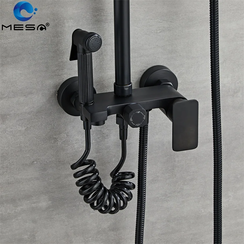 MESA 3 Function Black Shower Systems with Rain Shower Handheld Spray Gun and Shelf