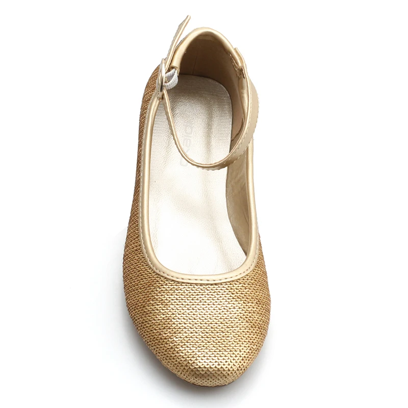 Girls Party Outdoor Causal Gold Sequin Upper Pu Strap with Buckle Round Basic Ballerina Flat Shoes