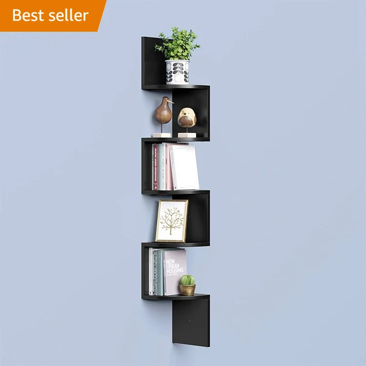 VASAGLE Zigzag Design Kitchen Bedroom Living Room 5 Tier Black Wall Mounted Wooden Display Corner Shelf (1600200216873)