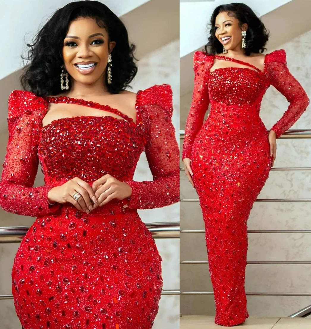 Long Sleeve Arabic Aso Ebi Red Sparkly Prom Dresses Beaded Evening Formal Party Reception Birthday Engagement Gowns MP714