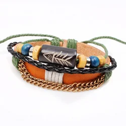 Vintageo women men  wood beads fish engraved multilayer leather stretched bracelet for promotional gift