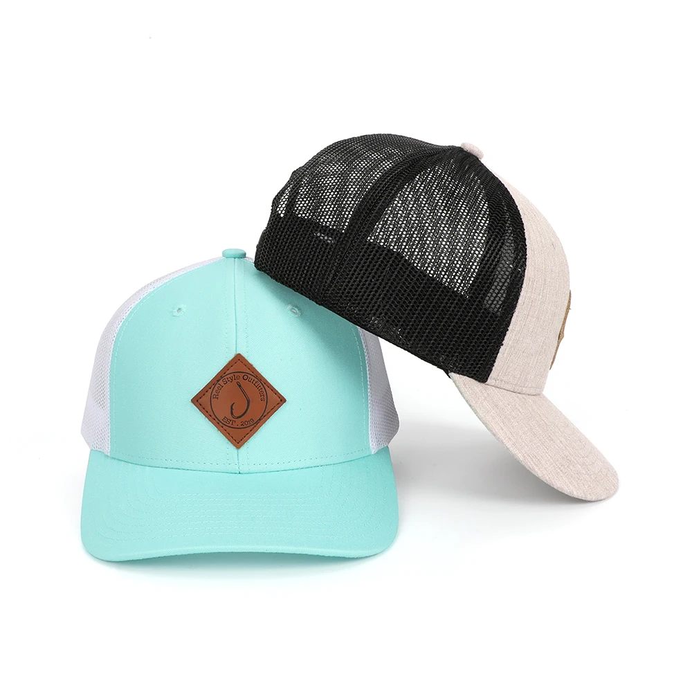 Customize Top Quality Sky Blue Back Polyester Inside Tag Trucker Hat Genuine Leather Brand Trucker Cap