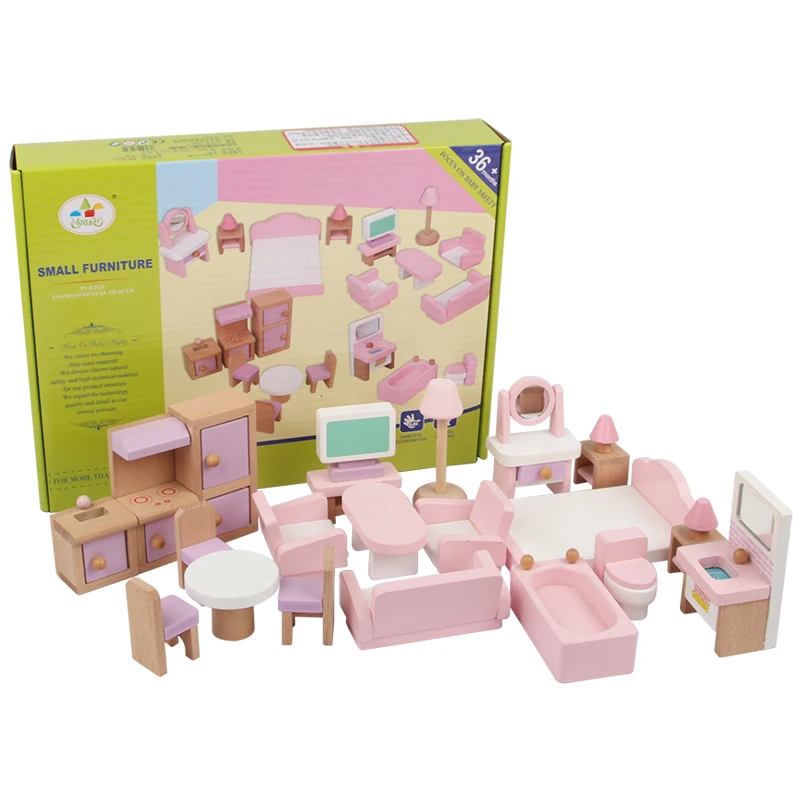 Wood Doll House Furniture Small Toys 22 Pcs Wooden Miniature Furniture for kids
