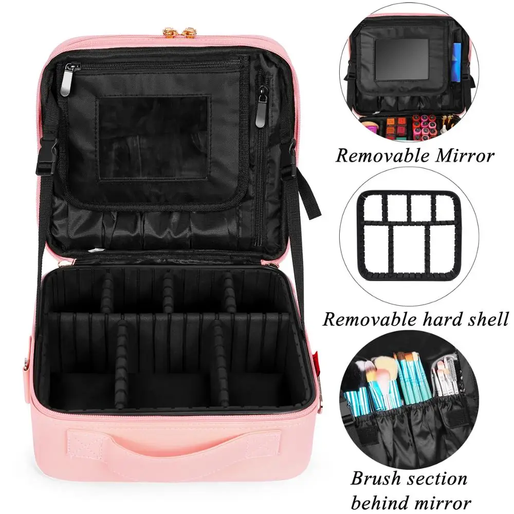 2 Layer Large Capacity Portable Organizer Makeup Bag Cosmetic Train Case Cosmetic Bag with Mirror for Cosmetics Make Up Tools