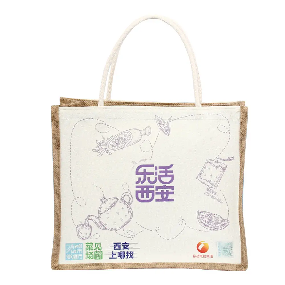 Jute with canvas mix fabric Custom Material Natural Reusable Eco Friendly UV digital printing Daily Handbags Tote bag