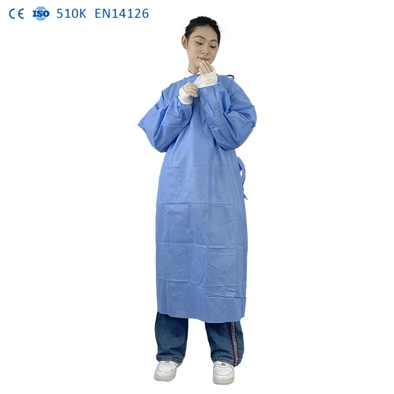 Factory price 510K Disposable blue gown 45g polyester fabric for cuff hospital AAMI LEVEL 2