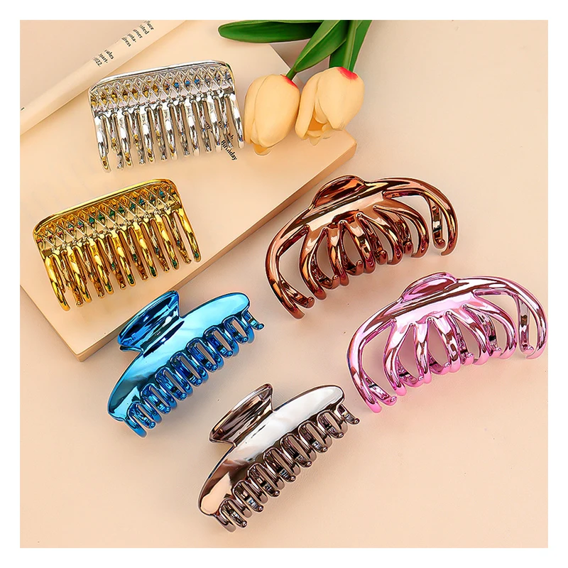 New Electroplating Solid Color Design Hair Clip Wholesale High Quality Accessories Girls Hollow Imitated Metal Shark Hair Claws