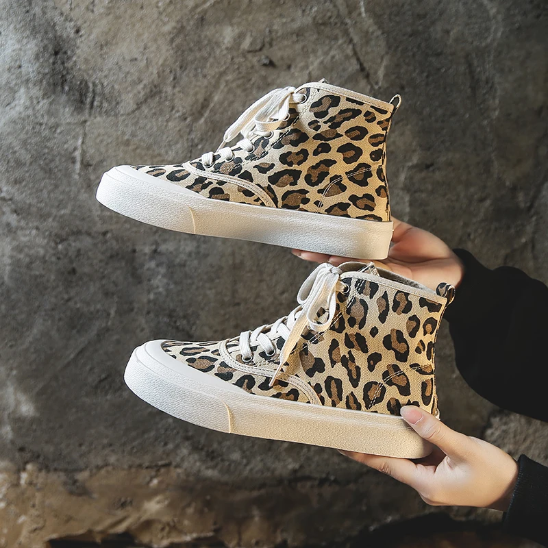 
2021 fashion sneakers leopard print casual canvas flat women shoes high top for girls women 
