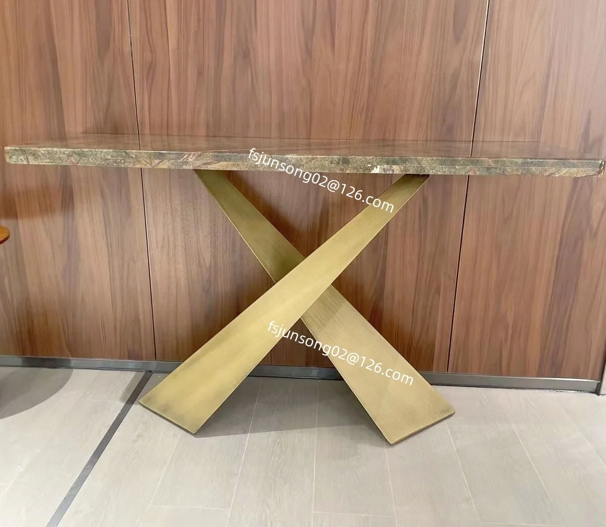 JS G08 Guangdong Metal Furniture X Base Entryway Console Table Marble Top Antique Brass Side Board Villa Wall Decor