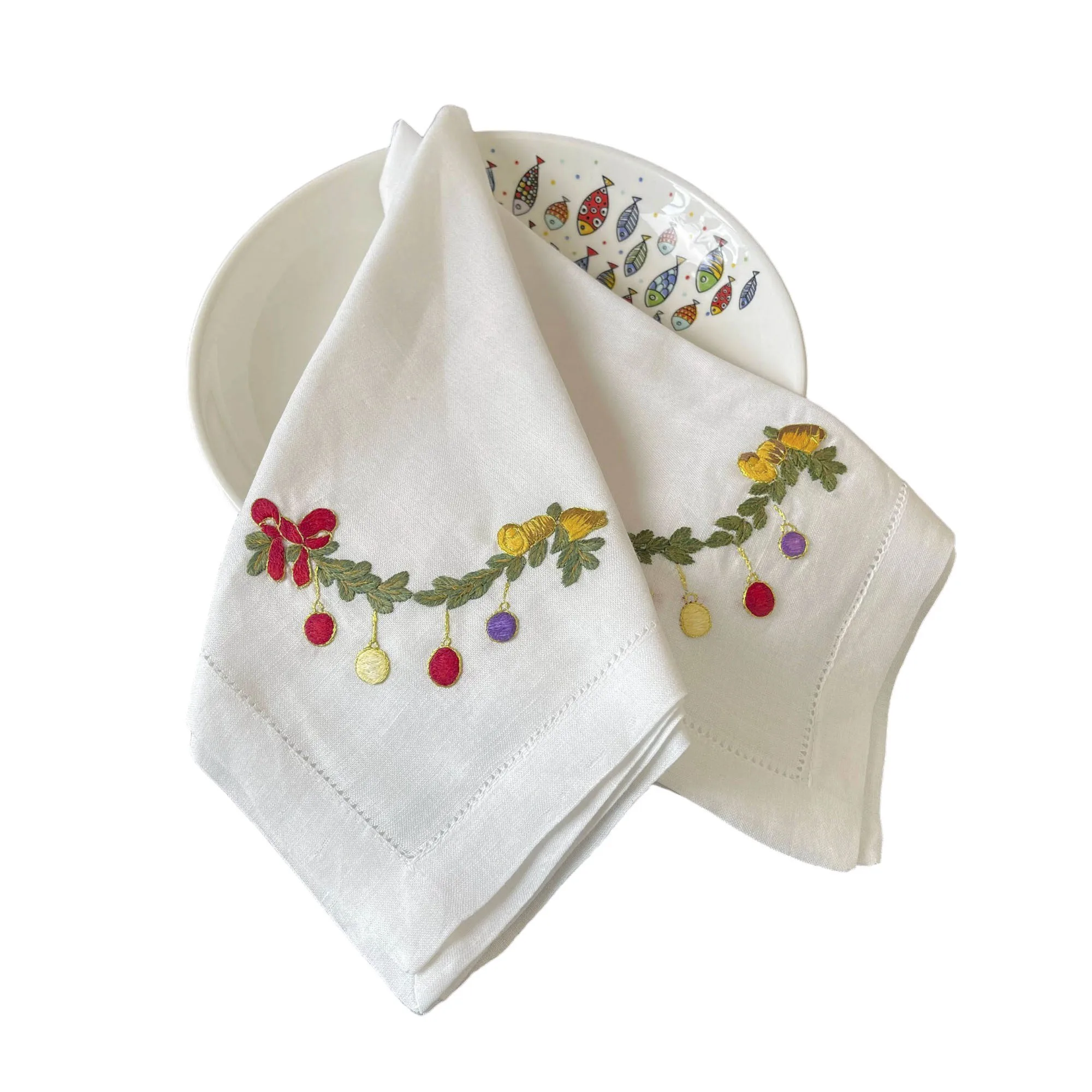 Wholesale Custom White Linen Dinner Napkin Handmade Embroidered Hemstitch Table Linens for Wedding Home & Hotel Events