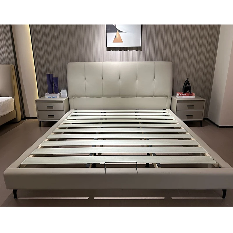 Factory Special Discount Promotion European Brief Style Upholstery Genuine Leather King Queen Double Size Bed