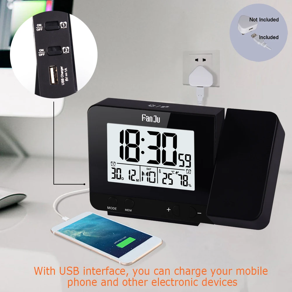 Projection Alarm Clock Digital Snooze Function Backlight Wall Desk Table Clock With Time Projection