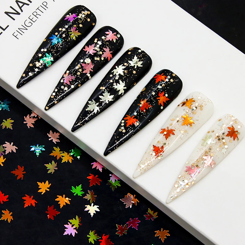 12 Grids Mixed Color Gradient Leaves Nail Art Decoration Glitter Powder Christmas Autumn Maple Nail Sequins