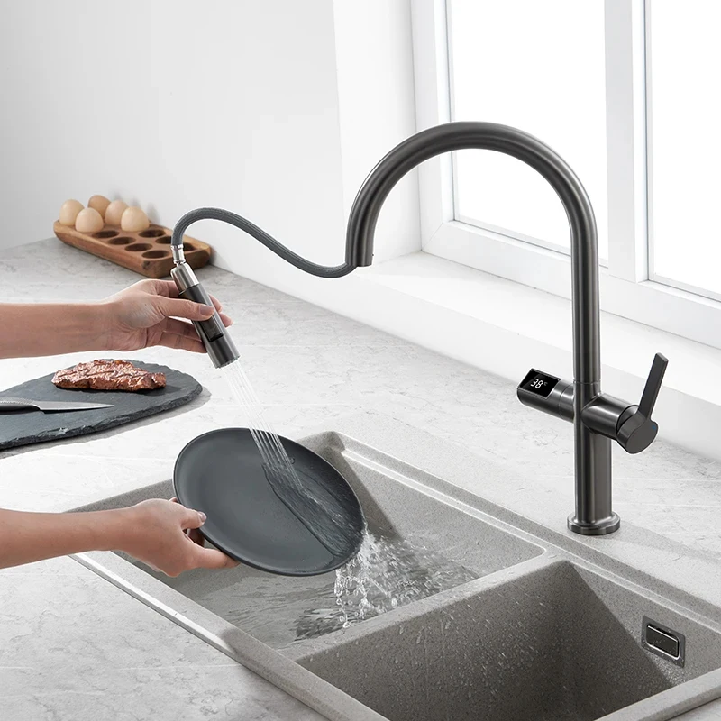 Deck Mounted Hot Cold Water Tap Kitchen Sink Faucet Mixer With Temperature Digital Display Kitchen Faucet
