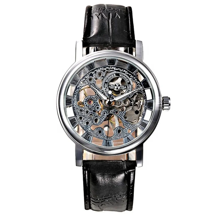 Classic Winner Transparent Hand Winding Skeleton Automatic Mens Mechanical Watch