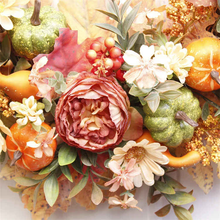 Hot sale hanging silk flower wreath handmade natural grapevine orange autumn decorative wreath with pumpkin maple leaf