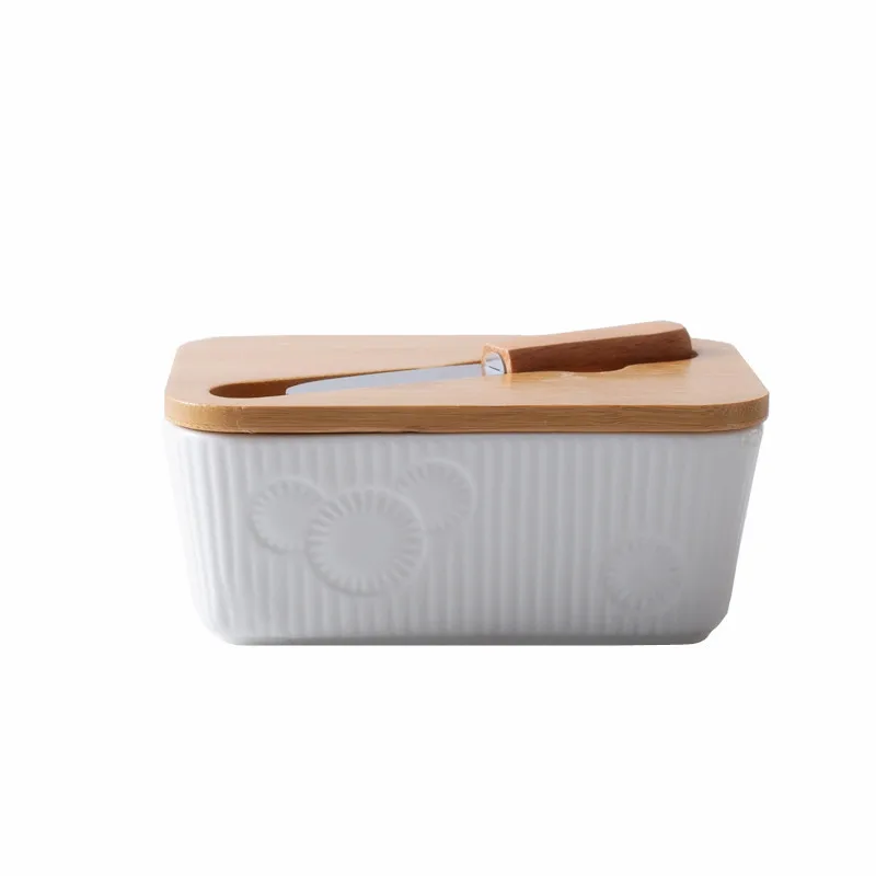 Simple butter box, pure white embossed butter dish with knife with bamboo wooden lid, small cheese bowl